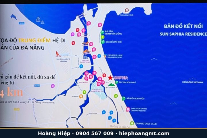 Bản đồ kết nối Sun Saphia Residence: bãi tắm Sơn Thủy, Ngũ Hành Sơn, Sun Riverpolis, sân bay Đà Nẵng