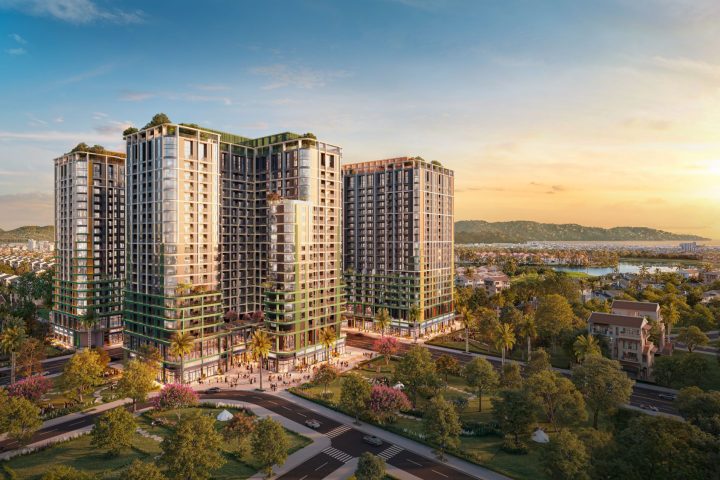 Phối cảnh toàn cảnh FourS Tower Đà Nẵng lúc hoàng hôn