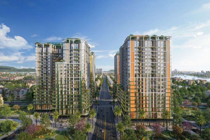 Trục đường trung tâm giữa các tháp FourS Tower nhìn ra sông
